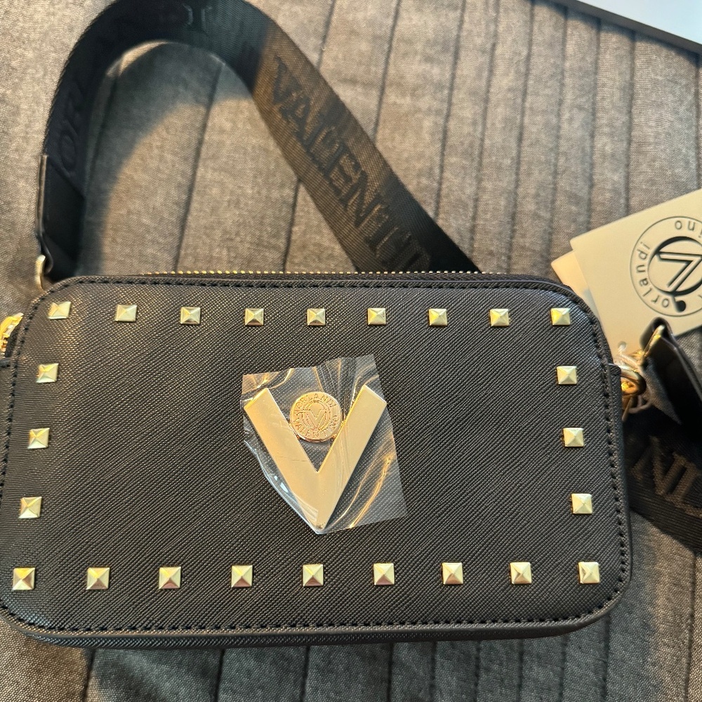 NWT Valentino Orlandi V-3003 Black Gold Studded Crossbody Bag WITH LOGO STRAP
